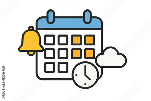 Digital calendar schedule reminder notification bell and cloud synchronization symbol