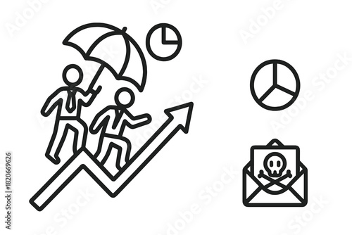 Business people running up a growth chart protected by an umbrella symbolizing risk management