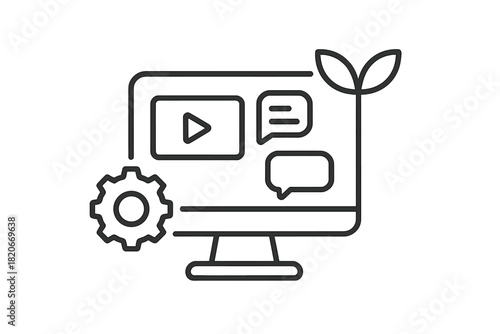 Digital content creation growth and optimization concept with video, chat, and settings icons on a computer monitor screen