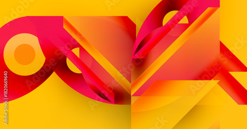 Abstract geometric shapes dominate composition. Red, orange hues contrast yellow background. Dynamic design evokes energy, movement.