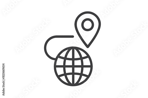 Worldwide navigation symbol showing a route line connecting the earth globe and a destination map pin