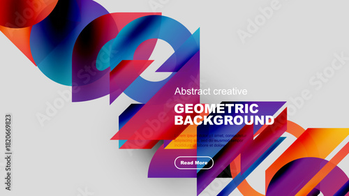 Abstract geometric shapes overlap dark background. Vibrant colors create dynamic composition. Text promotes further exploration.