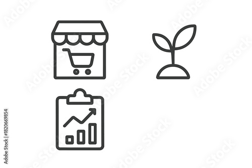 Line icons for business growth, commerce analysis, retail store, and financial reports