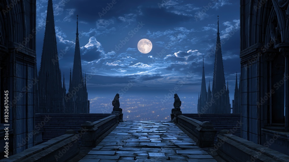 Obraz premium Moonlit Gothic Cathedral Rooftop Over City