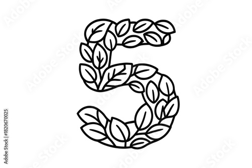 Stylized black and white numeral five formed by natural leaves and organic foliage