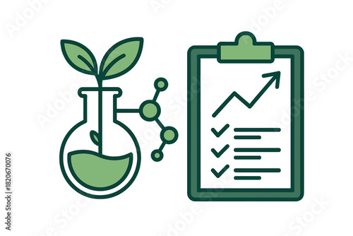 Laboratory flask with growing plant, molecular connection, and positive progress report on clipboard