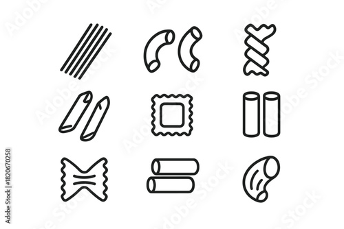 Outline shapes collection of popular Italian pasta varieties including penne fusilli and farfalle