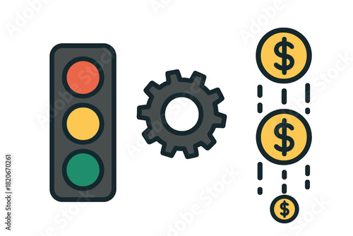 Financial control and process management concept with traffic light and falling dollar coins