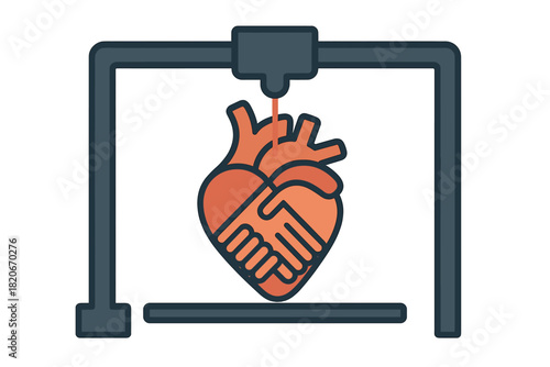 3D printer creating a stylized heart shape with a symbolic handshake design