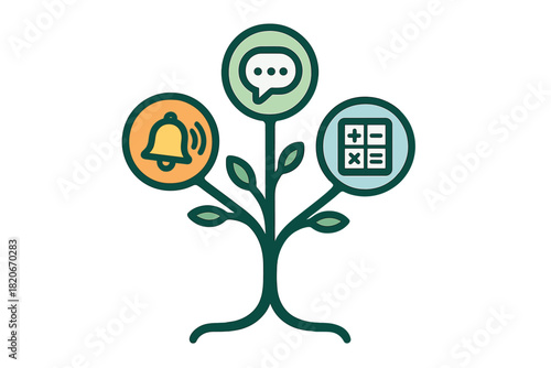 Conceptual plant growing with notification, communication, and calculation icons representing business growth and integration