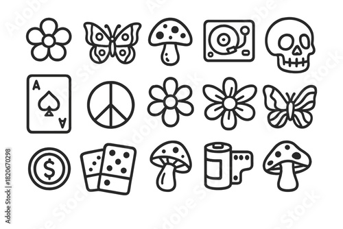 Collection of retro hippie icons including flowers, butterflies, mushrooms, peace sign, and skull symbols
