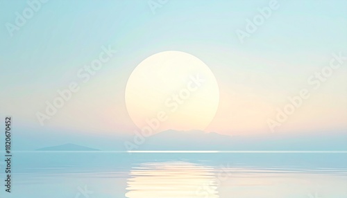 ペールブルーからクリームへ移ろうパステルグラデーションの空に、丸い太陽が水面から静かに昇る柔らかな朝の背景です。
滑らかな反射光が水面に広がり、穏やかで清らかな空気感を演出します。