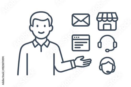 Service representative presenting contact methods and business support icons