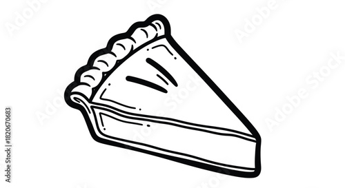 Simple handdrawn black and white illustration of a single slice of pie, featuring a flaky crust and a rich filling, ideal for dessert menus, recipe books, or culinary use