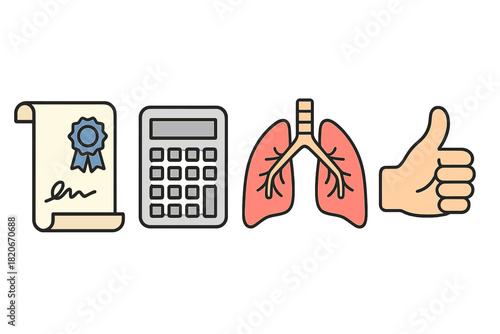 Set of essential icons representing concepts of achievement, finance, health, and approval