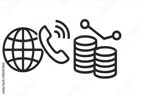 Set of line icons representing global communication, financial data analysis, and business transactions