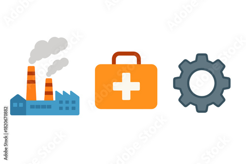 Industrial safety and mechanical engineering concepts with factory, first aid kit, and gear