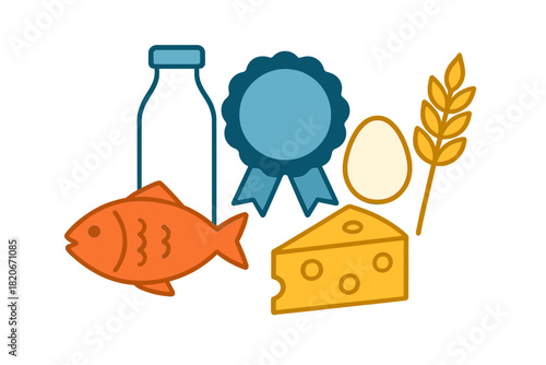 Essential food groups and allergen icons including fish dairy egg and wheat with quality badge