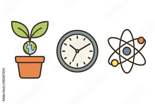 Science, time, and environmental sustainability concepts represented by icons