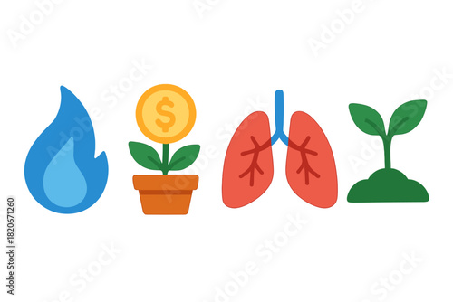 Blue flame, financial growth chart, human lungs, and ecological seedling concepts