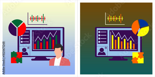 A modern flat vector illustration showing business data analysis in a remote work or virtual meeting environment. Perfect for financial analysis, virtual presentations and project management.