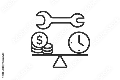 Wrench balancing money and clock time on a scale symbolizing cost, efficiency, and maintenance value