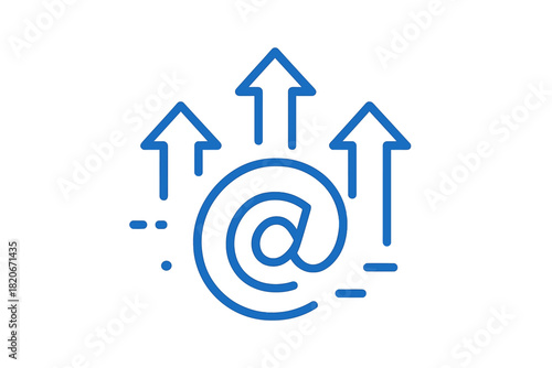 Digital communication growth concept showing an at symbol and three rising arrows