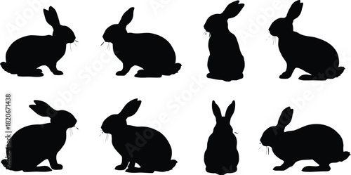 Black Silhouette of Easter Bunnies Various Poses, Perfect for Crafts and Springtime Designs