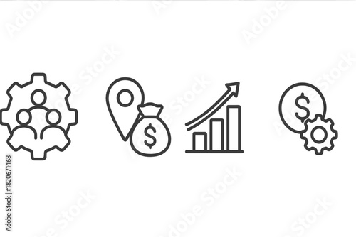 Line icons representing business management, financial growth, market charts, and optimization settings