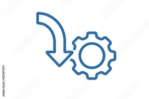 Blue downward arrow interacting with a cogwheel symbolizing configuration and workflow management