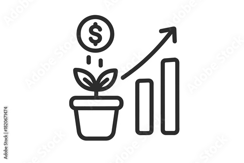 Financial investment growth concept with plant and rising bar chart icon