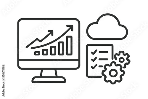 Business data analysis and optimization process displayed on a computer screen with cloud storage and settings gears