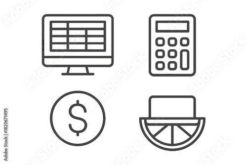 Spreadsheet monitor, calculator, dollar coin, and cash register representing business and finance