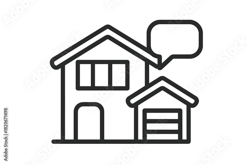 Residential building outline with attached garage and empty speech bubble