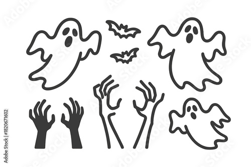 Minimalist Halloween set featuring flying ghosts, creepy zombie hands, and small bats