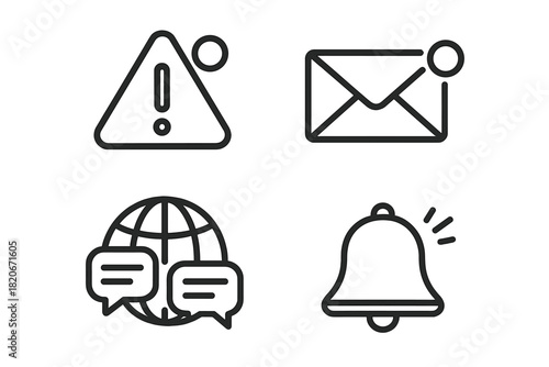 Outline symbols for notification bell, warning sign, email, and global communication
