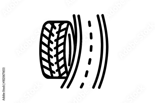 Minimalist black and white graphic of a car tire rolling on an asphalt road