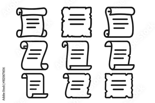 Nine outline icons of ancient scrolls, old paper, and historical documents