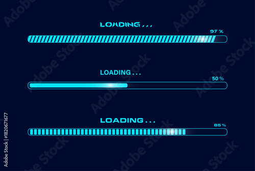 Futuristic technology display with a loading sequence symbolizing system performance. Useful for login pages, posters, and interactive game screens.