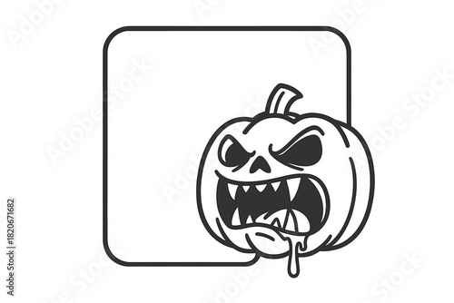 Spooky Halloween pumpkin character with sharp teeth and drool framing a blank rounded square