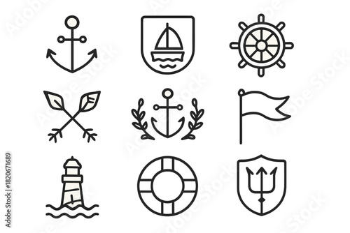 Nautical and marine outline icons set featuring anchors, ship wheels, and lighthouses
