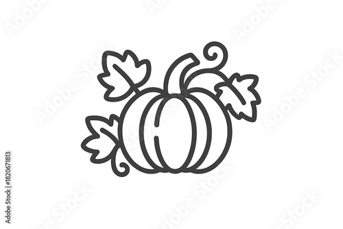 Simple black and white outline drawing of a ripe autumn pumpkin surrounded by stylized leaves and a curly vine