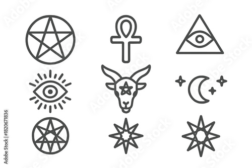 Esoteric and occult symbols set featuring pentagram, ankh, Baphomet, and Eye of Providence