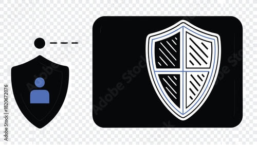 Monochrome vector silhouette of a shield with a fuse representing protection security or a power up element in a flat design style