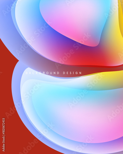 Abstract fluid shapes overlap, creating vibrant color gradients. Red background contrasts soft blues, pinks, yellows. Modern design element.