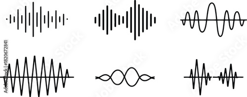Collection of Different Sound Waves on White Background, Illustration