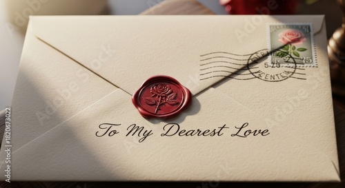 A romantic letter sealed with wax and a rose stamp, addressed to dearest love