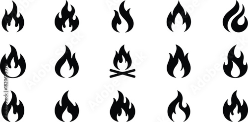 Collection of Fifteen Black Flame Icons with Various Styles and Wood Pile on White Background
