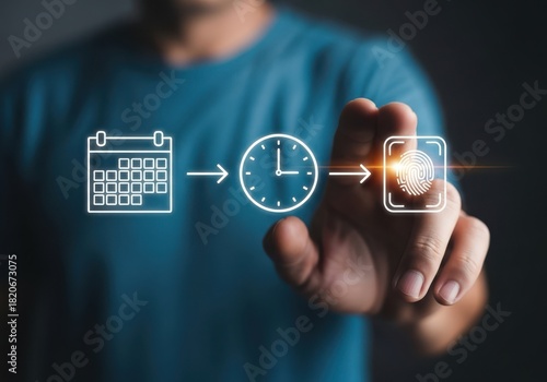 Digital timeline graphic showing calendar clock and document icons with a finger interacting