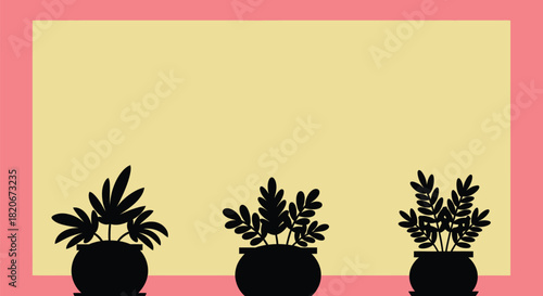 Three potted plants silhouette with pink background and white space
